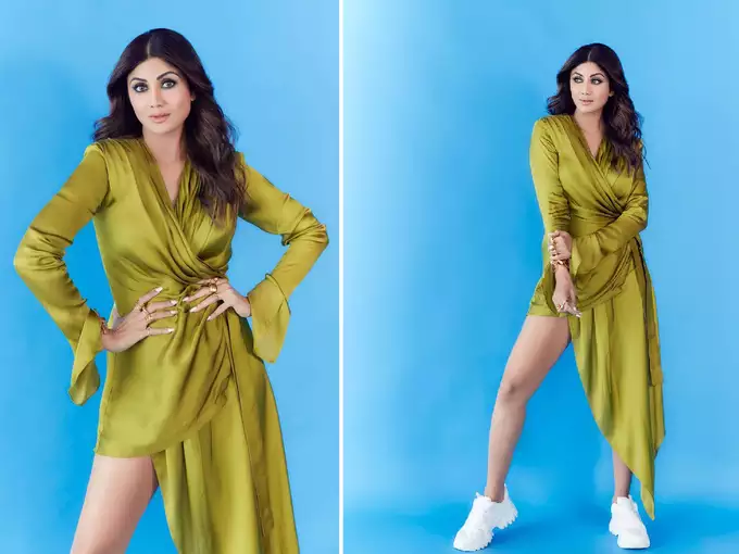 Shilpa Shetty looked stylish in a green wrap unique dress, people’s eyes fixed on her legs